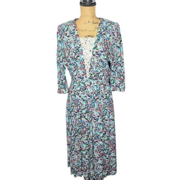 Vintage Dainty Blue Pink Cottagecore Floral Dress - Picture 1 of 16